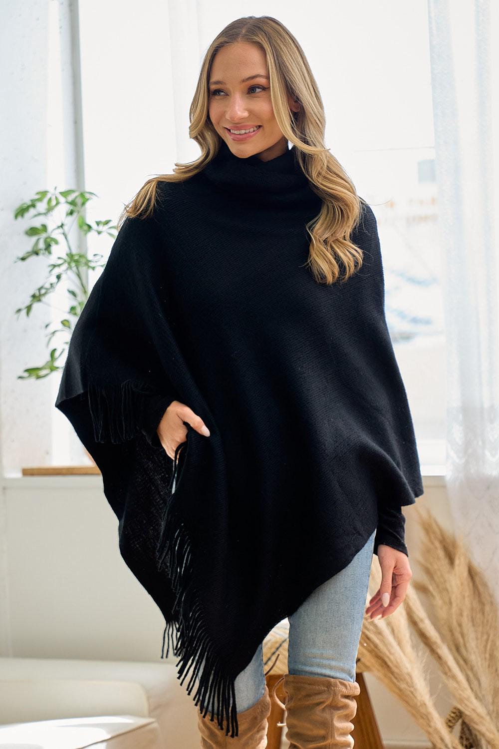 Cowl Neck Poncho Acrylic Knit Asymmetrical Fringe Trim