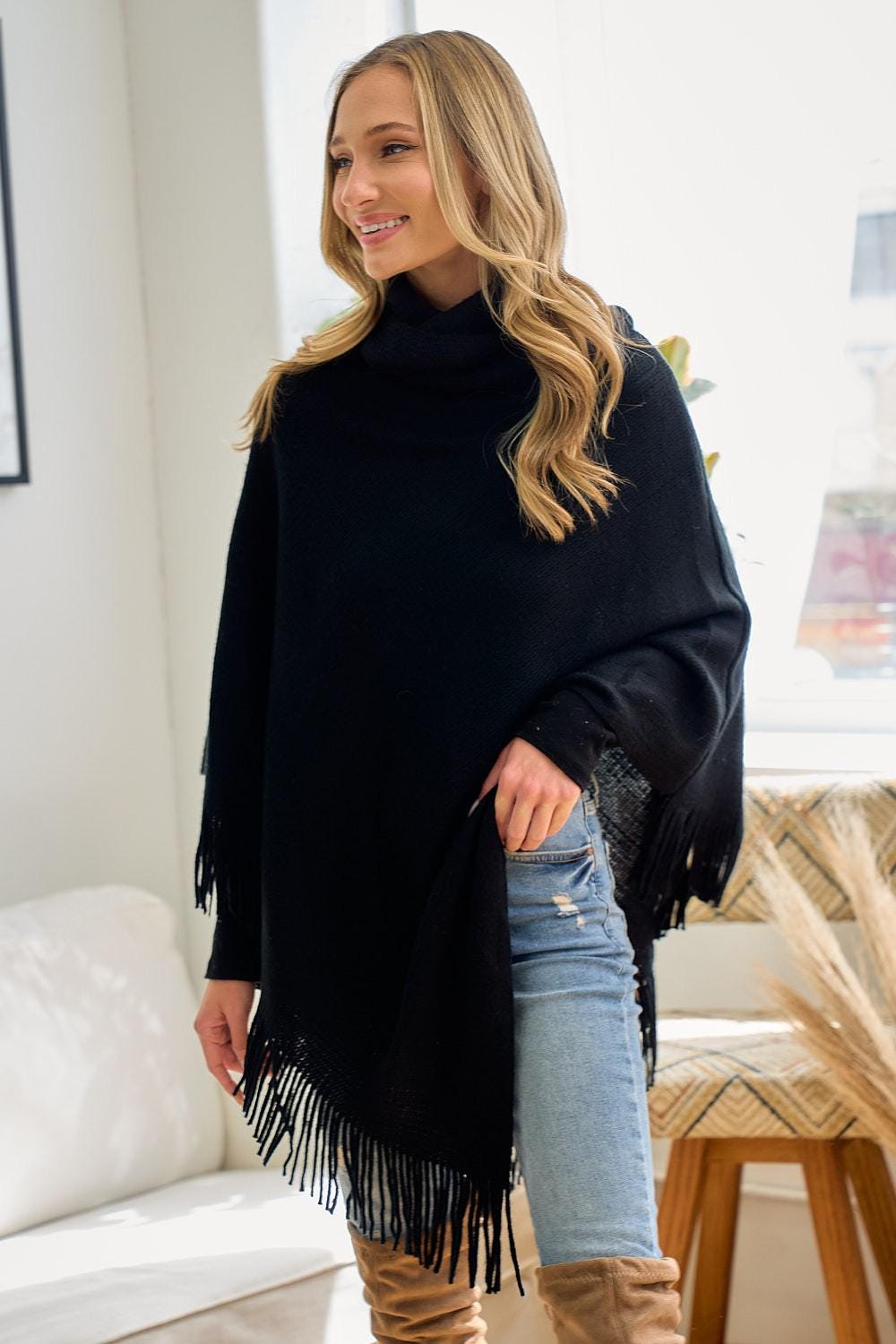 Cowl Neck Poncho Acrylic Knit Asymmetrical Fringe Trim