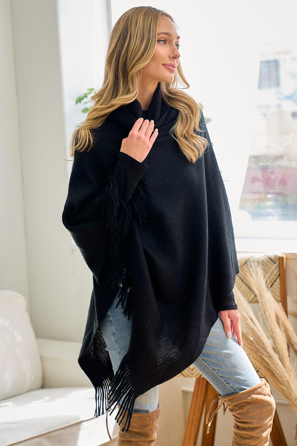 Cowl Neck Poncho Acrylic Knit Asymmetrical Fringe Trim