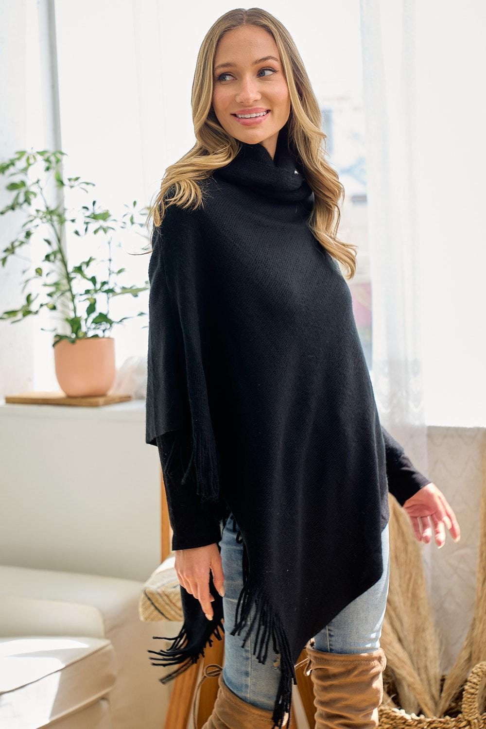 Cowl Neck Poncho Acrylic Knit Asymmetrical Fringe Trim