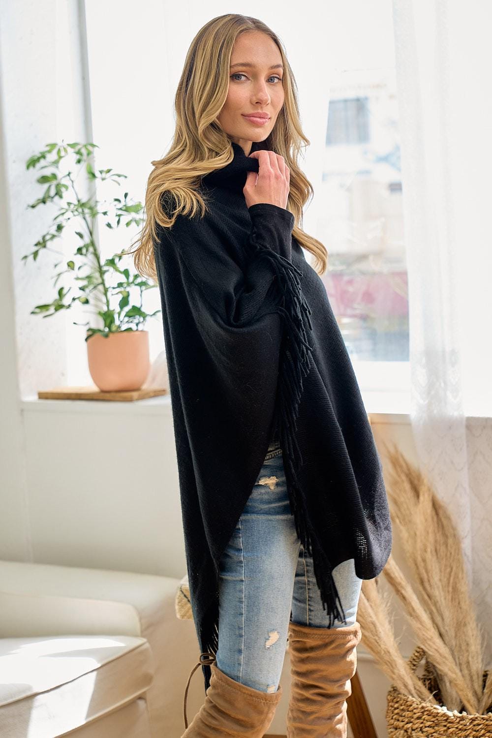 Cowl Neck Poncho Acrylic Knit Asymmetrical Fringe Trim
