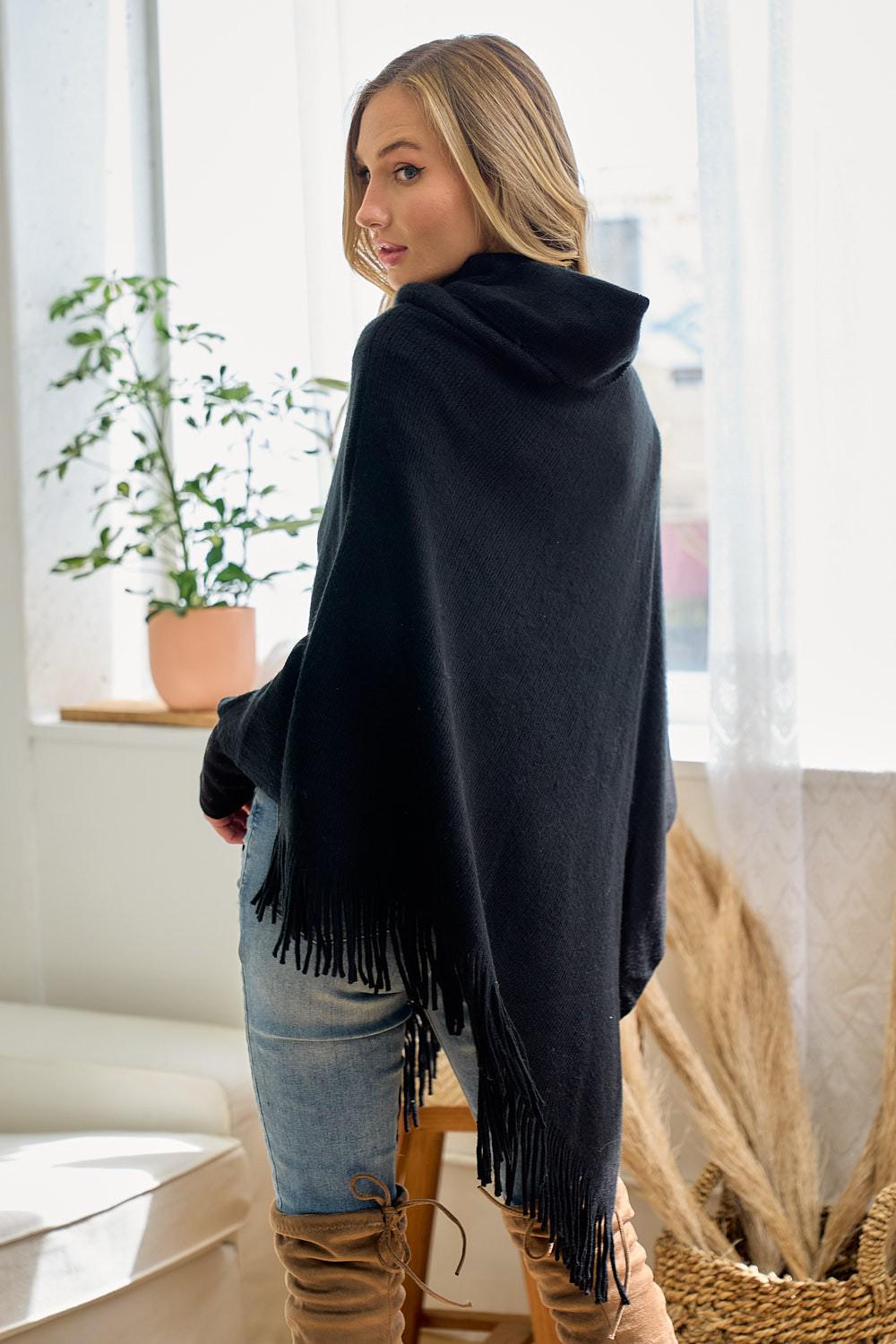 Cowl Neck Poncho Acrylic Knit Asymmetrical Fringe Trim