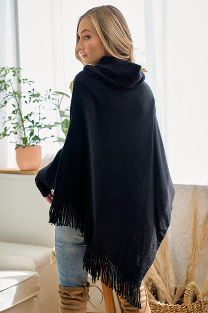 Cowl Neck Poncho Acrylic Knit Asymmetrical Fringe Trim