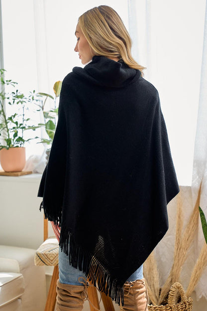 Cowl Neck Poncho Acrylic Knit Asymmetrical Fringe Trim