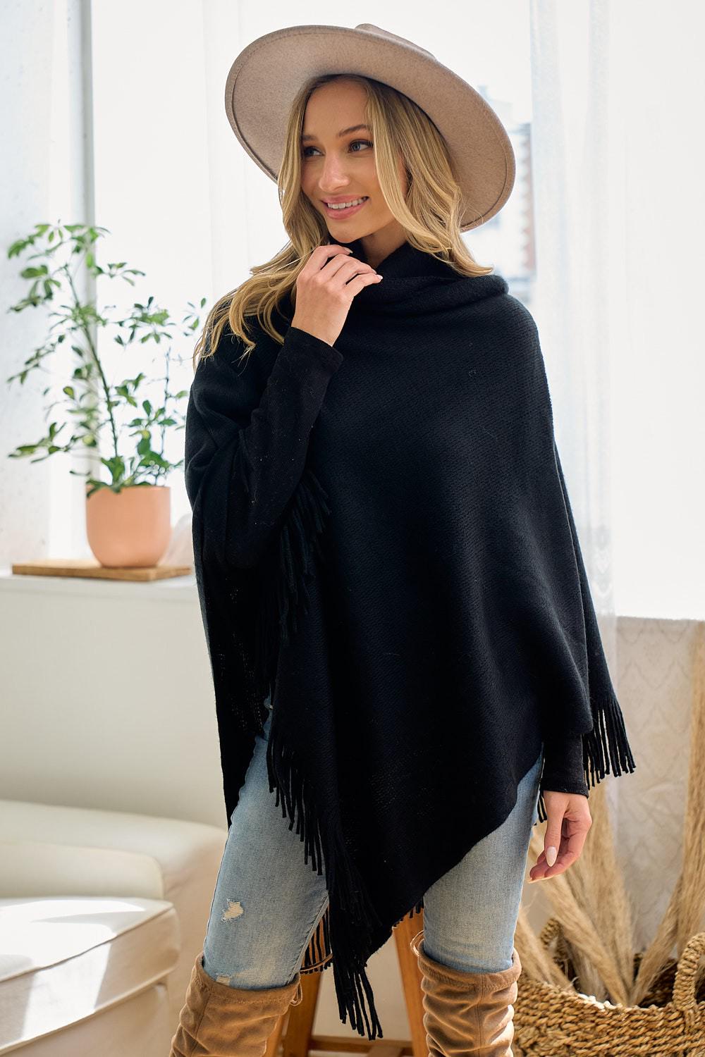 Urban streetwear look featuring a black fringe shawl wrap perfect for Whimsigoth or Gothic Minimalism