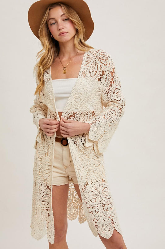 Gehäkelte Spitzen-Staubmantel 100 % Baumwolle floraler Wellensaum Cardigan