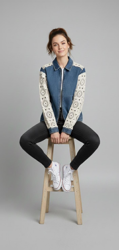 Vintage boho blue denim zip bomber jacket with cream floral crochet lace sleeves and a classic collar.
