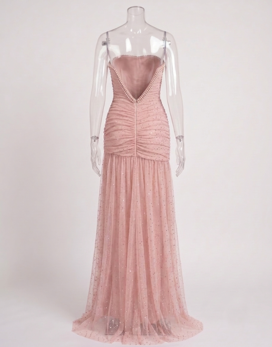 Crystal Dust Strapless Rhinestone Mesh Gown | Blush Pink Ruched Evening Dress with Thigh-High Slit