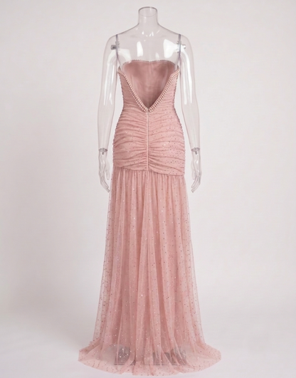 Crystal Dust Strapless Rhinestone Mesh Gown | Blush Pink Ruched Evening Dress with Thigh-High Slit