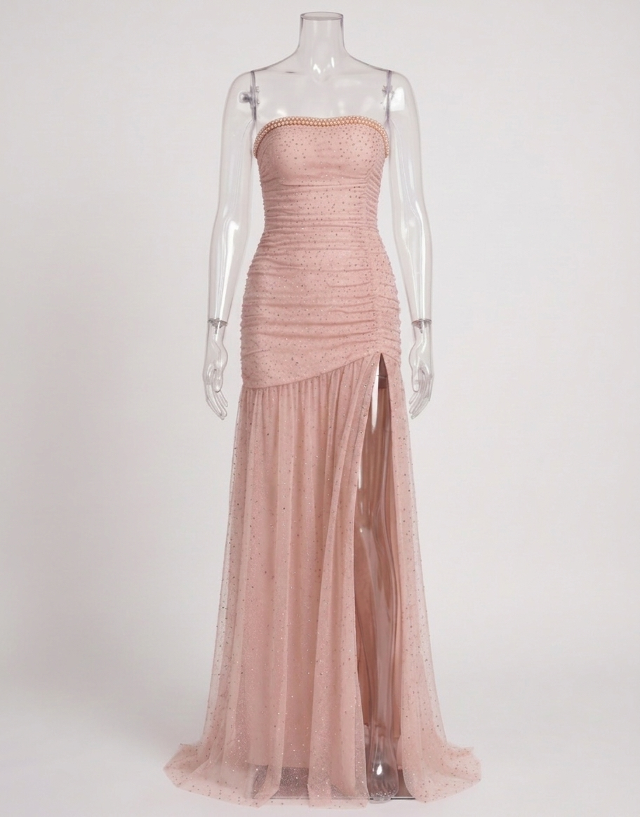 Crystal Dust Strapless Rhinestone Mesh Gown | Blush Pink Ruched Evening Dress with Thigh-High Slit