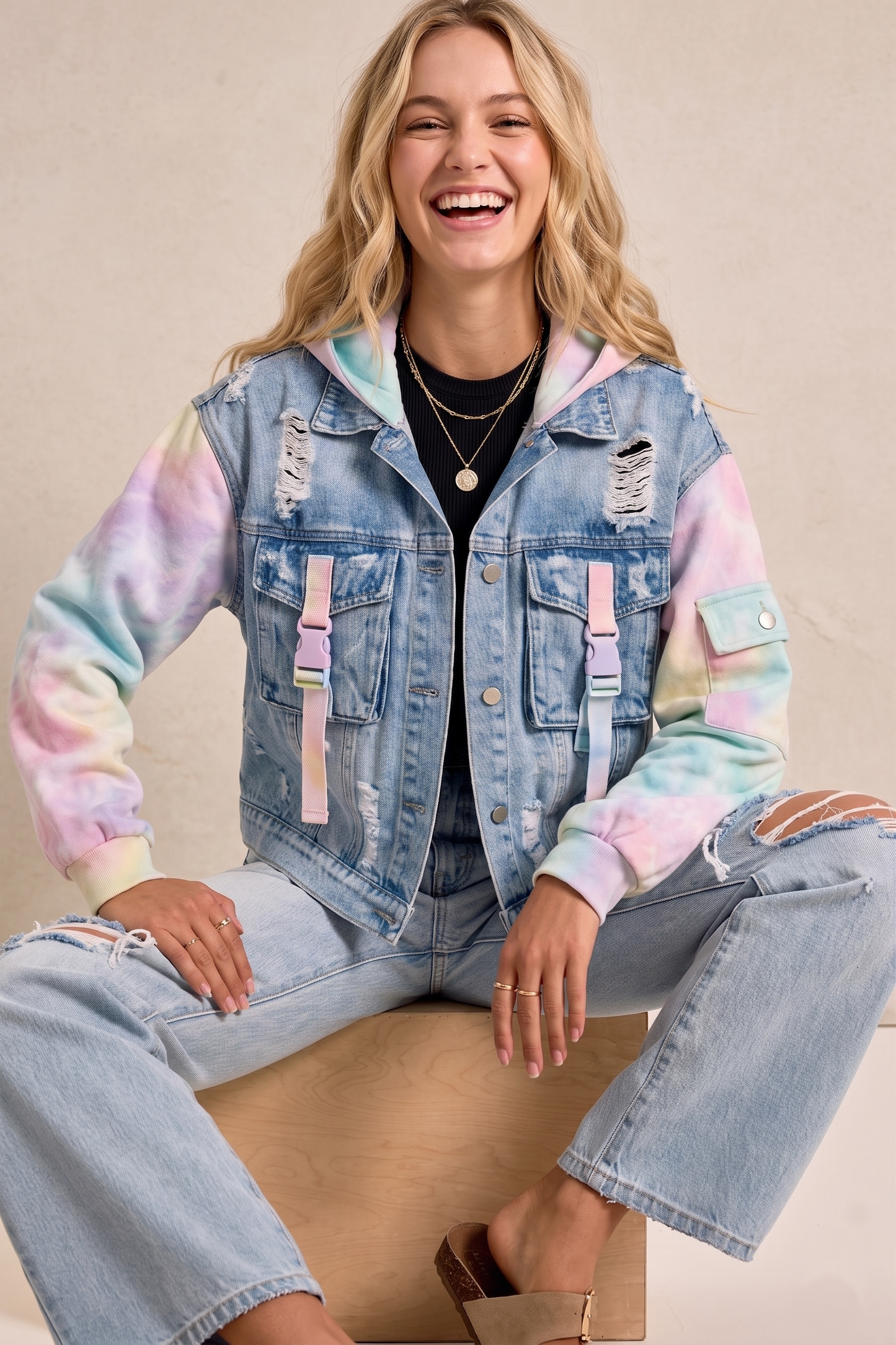 Front view of a distressed denim hoodie jacket with pastel tie-dye sleeves and lavender utility buckle chest straps. (Light blue distressed denim hoodie jacket featuring pastel tie-dye cotton sleeves and tactical utility buckles.)