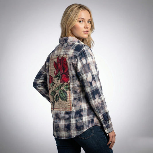 Navy acid-wash distressed plaid shirt featuring a large red rose graphic back patch in a Whimsigoth grunge style.