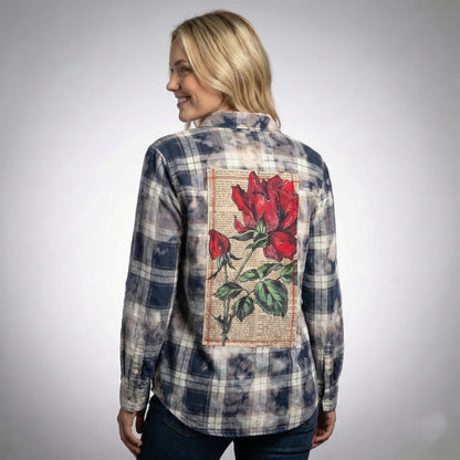 Back view of the Whimsigoth flannel shirt showing a vintage red rose back patch and acid-wash finish.