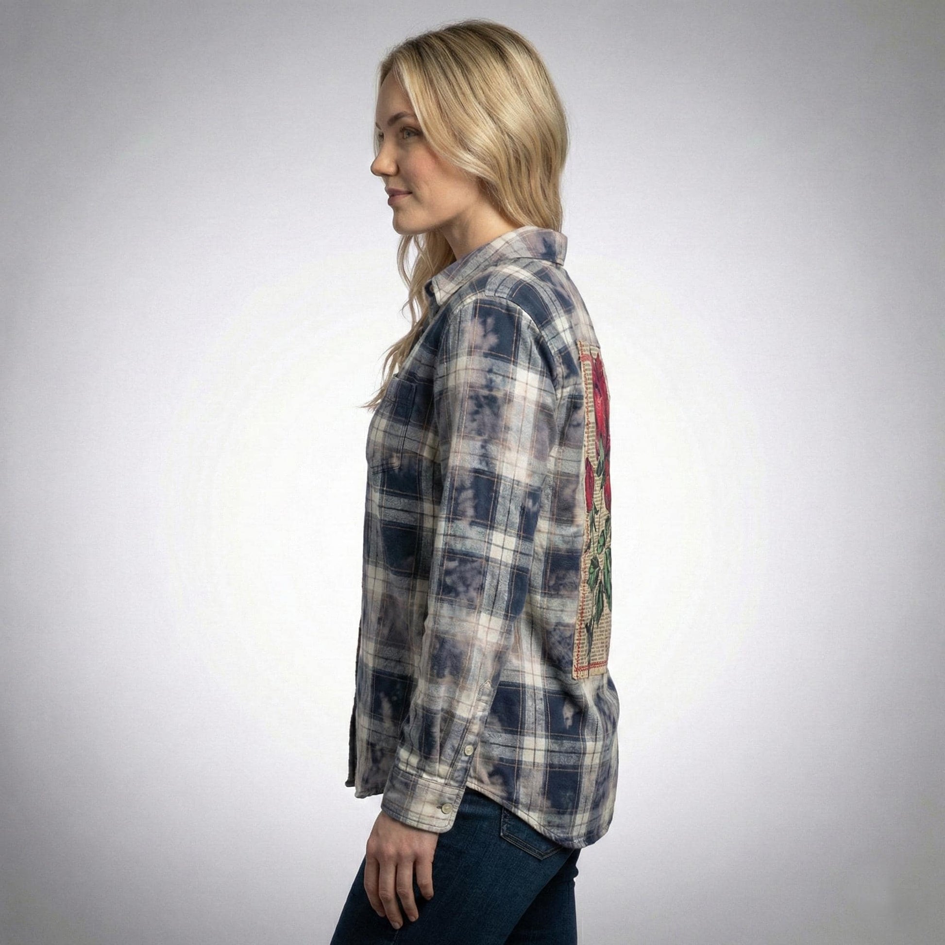 Detailed view of the soft cotton rayon fabric and acid-washed texture on this vintage-inspired button down.