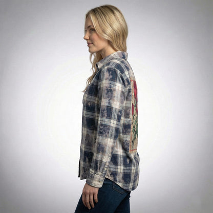 Detailed view of the soft cotton rayon fabric and acid-washed texture on this vintage-inspired button down.