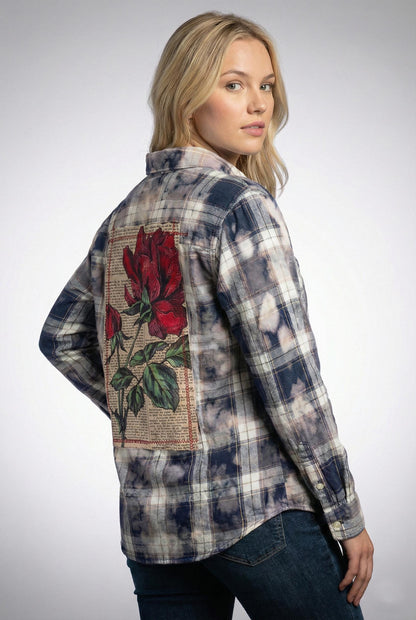 Side profile of this whimsigoth button down highlighting the raw frayed hem and relaxed cotton blend drape.