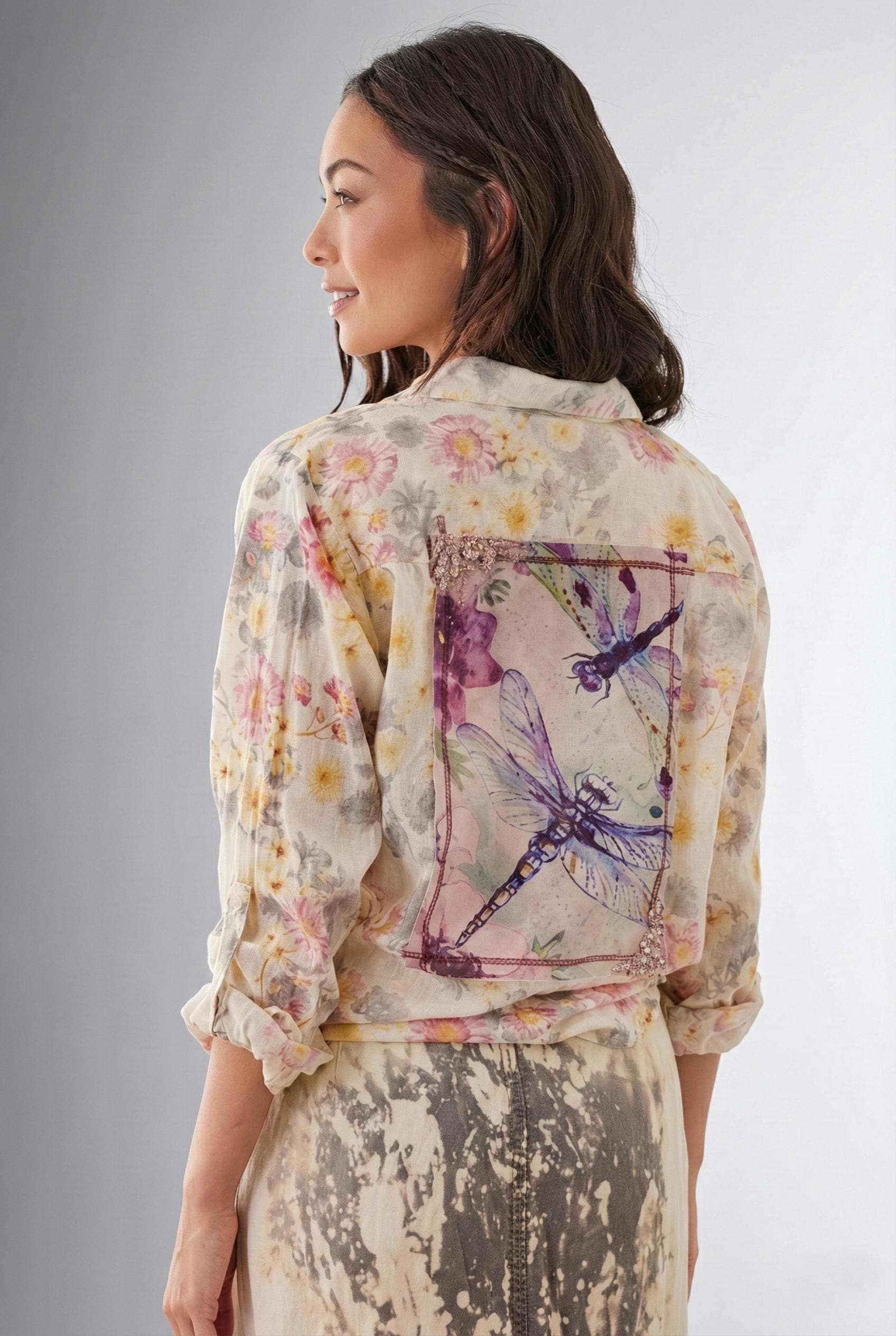 Dragonfly Patchwork Cotton Voile Shirt Whimsigoth Floral Detail - Image 1