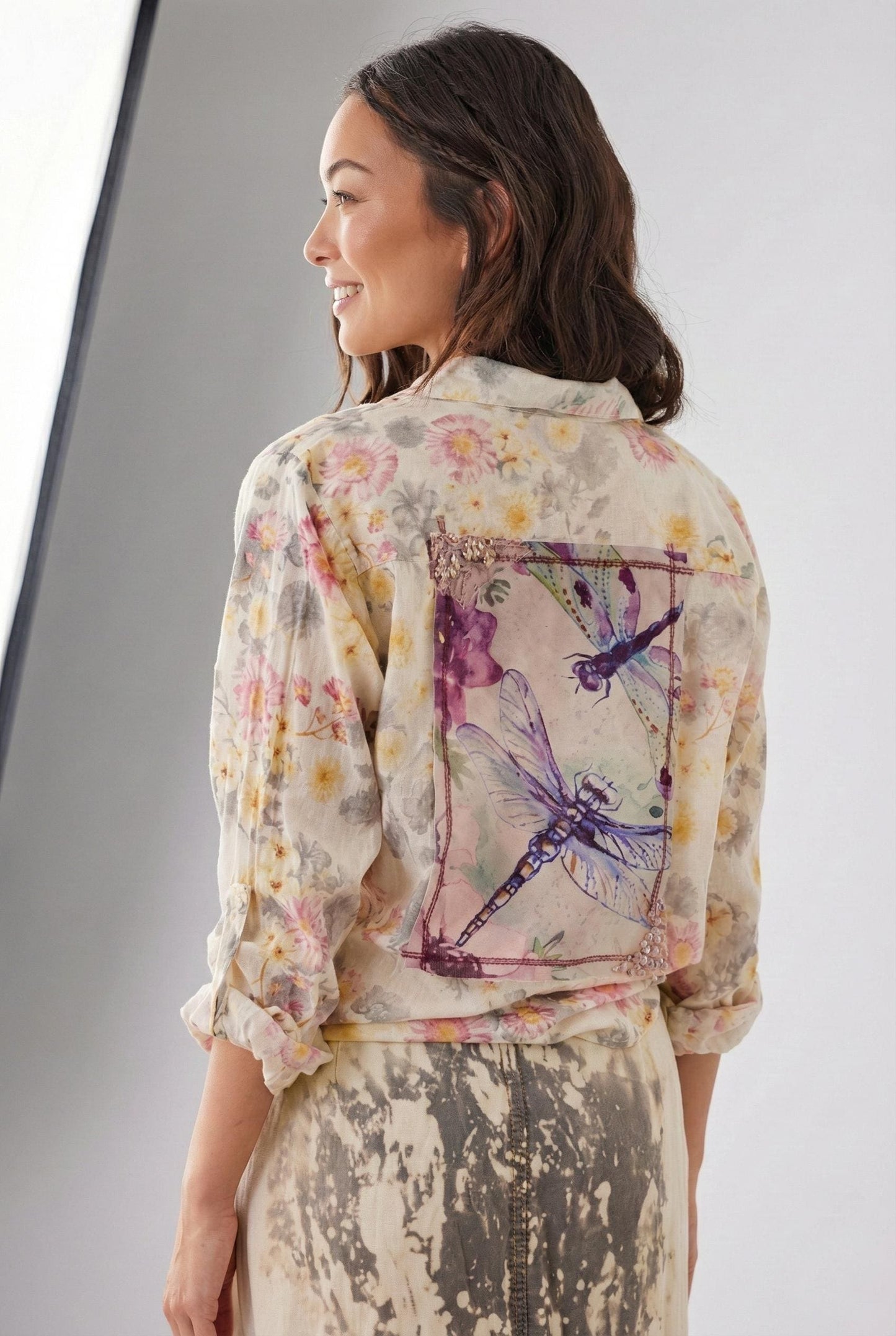 Dragonfly Patchwork Cotton Voile Shirt Whimsigoth Floral Detail - Image 2