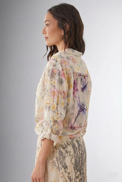 Dragonfly Patchwork Cotton Voile Shirt Whimsigoth Floral Detail - Image 3