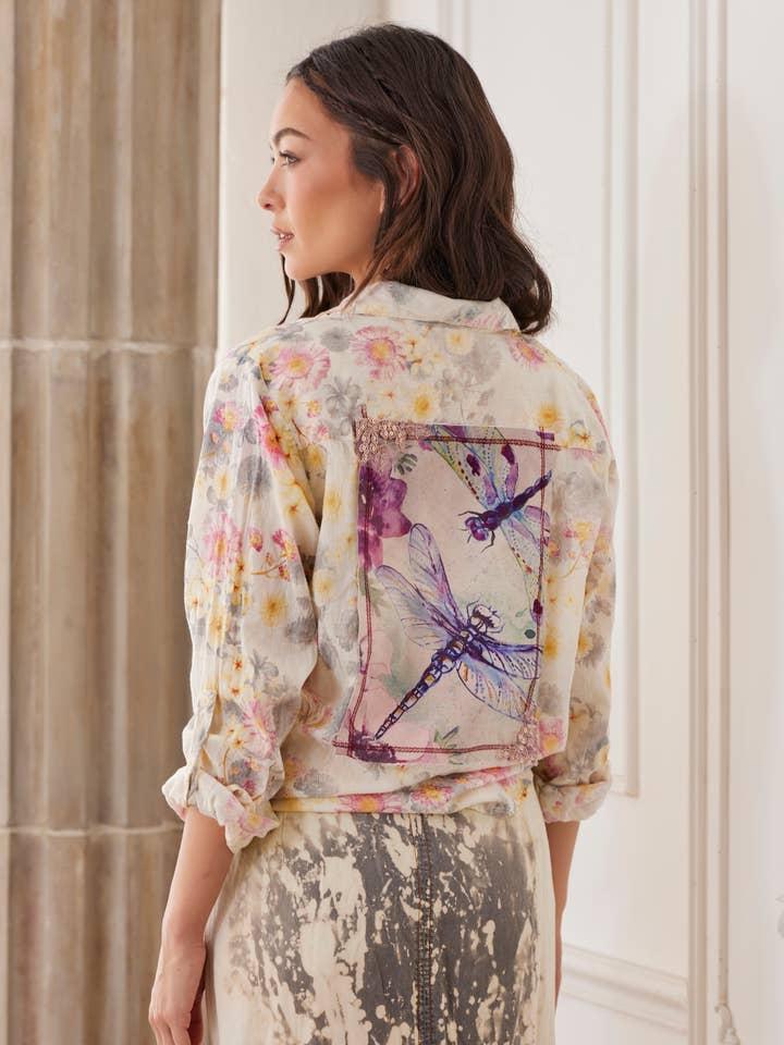 Dragonfly Patchwork Cotton Voile Shirt Whimsigoth Floral Detail - Image 4