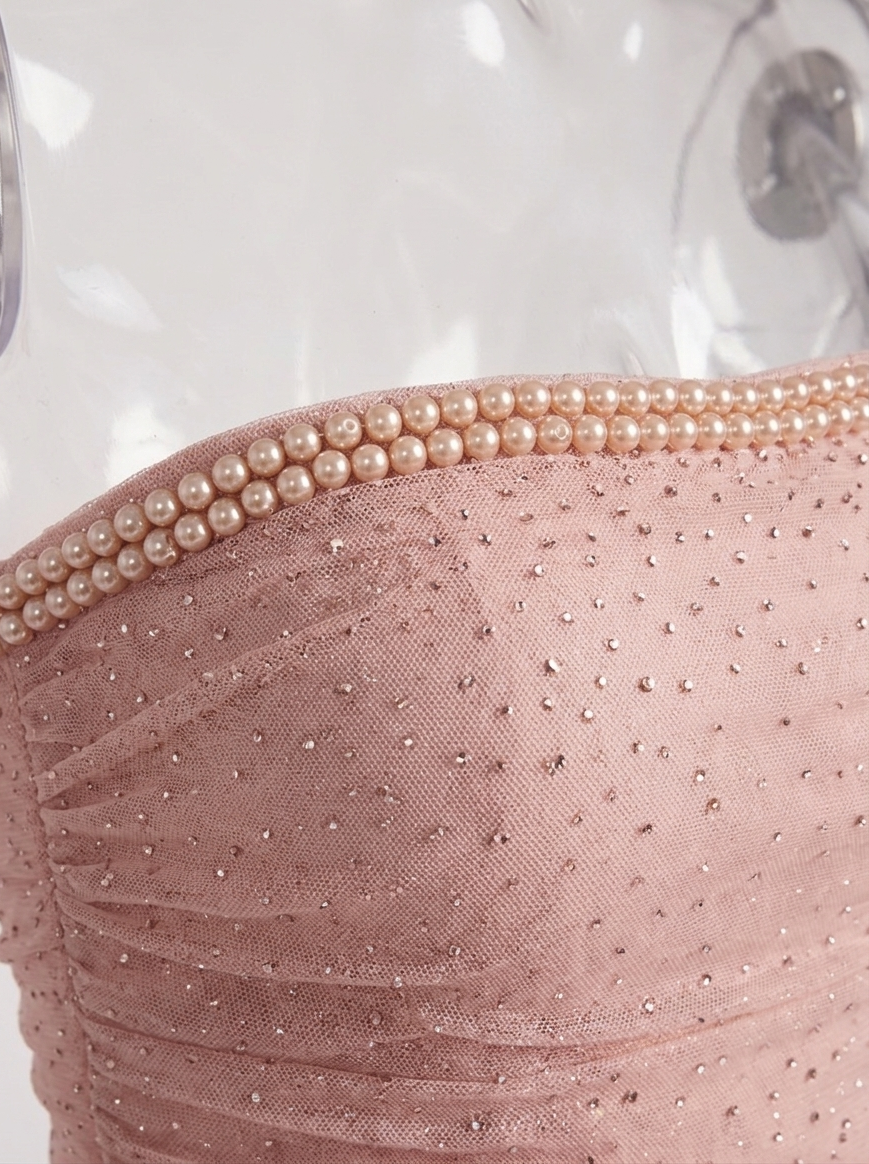 Crystal Dust Strapless Rhinestone Mesh Gown | Blush Pink Ruched Evening Dress with Thigh-High Slit