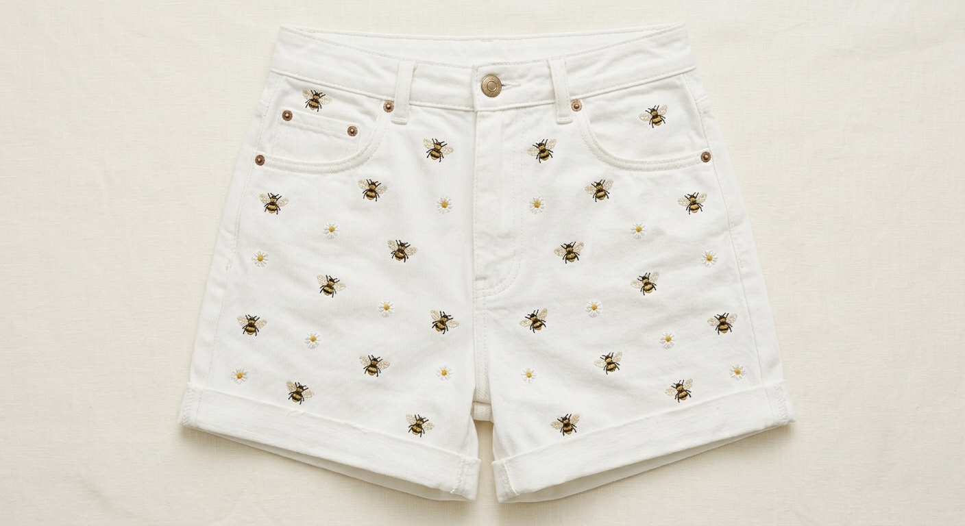 Detailed close-up showing the artisanal honeybee and daisy embroidery on white denim summer shorts.