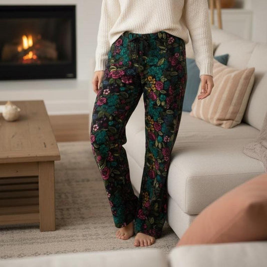 Geblümte Fleece-Pyjamahose, lang, plüschig, botanisch, 76 cm Schrittlänge