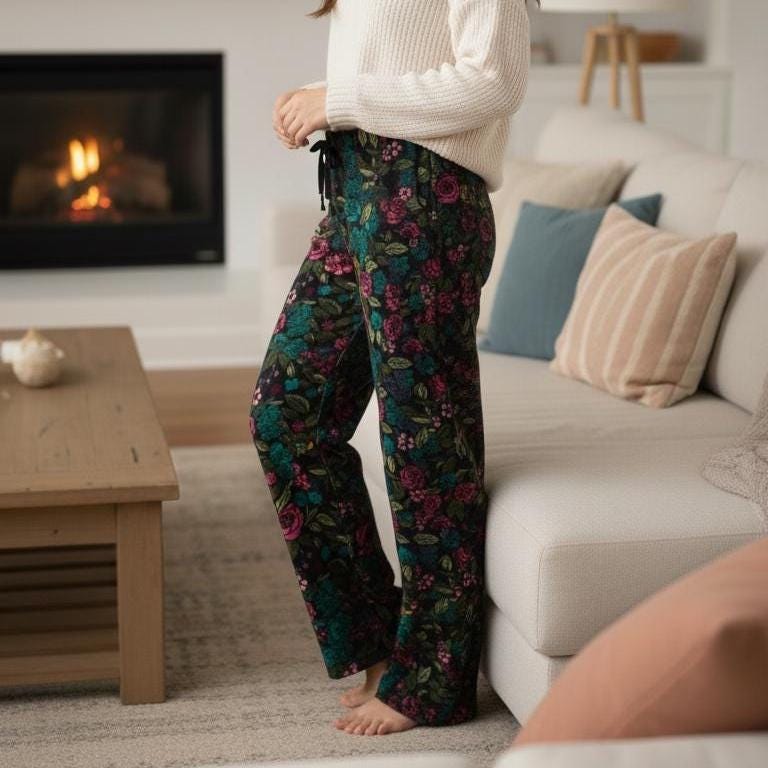 Back view of Whimsigoth style floral plush lounge pants featuring a cozy botanical pattern on black fabric
