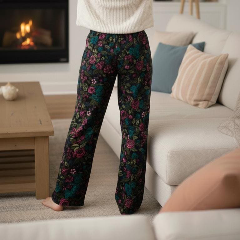 Model wearing cottagecore botanical print fleece pants, styled for a cozy winter cabin lounge look