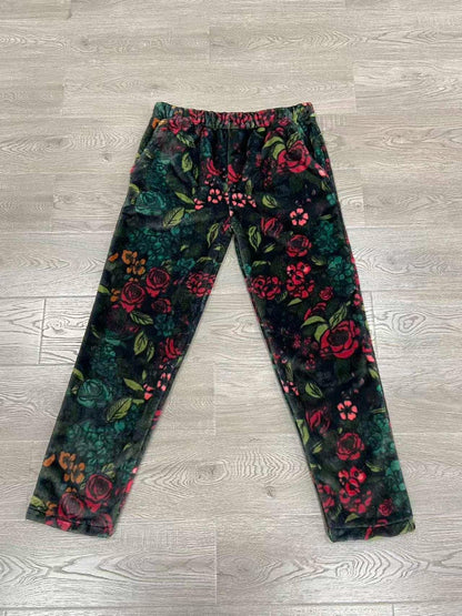 Side profile of tall floral tapestry pajama pants with a relaxed fit and long 42-inch total length