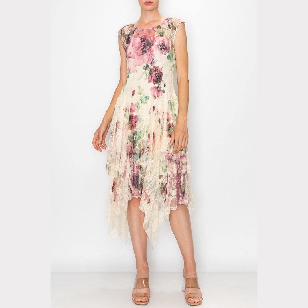 Rear view of the sleeveless Whimsigoth midi dress highlighting the delicate lace overlay and flowing silhouette.
