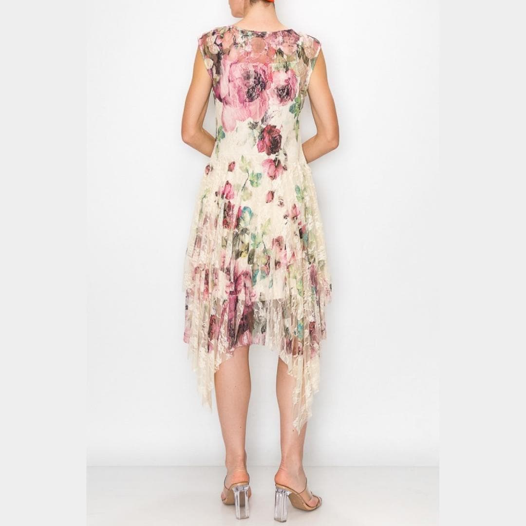 Close-up of the botanical garden print on soft viscose lace, showcasing the intricate floral motifs and texture.