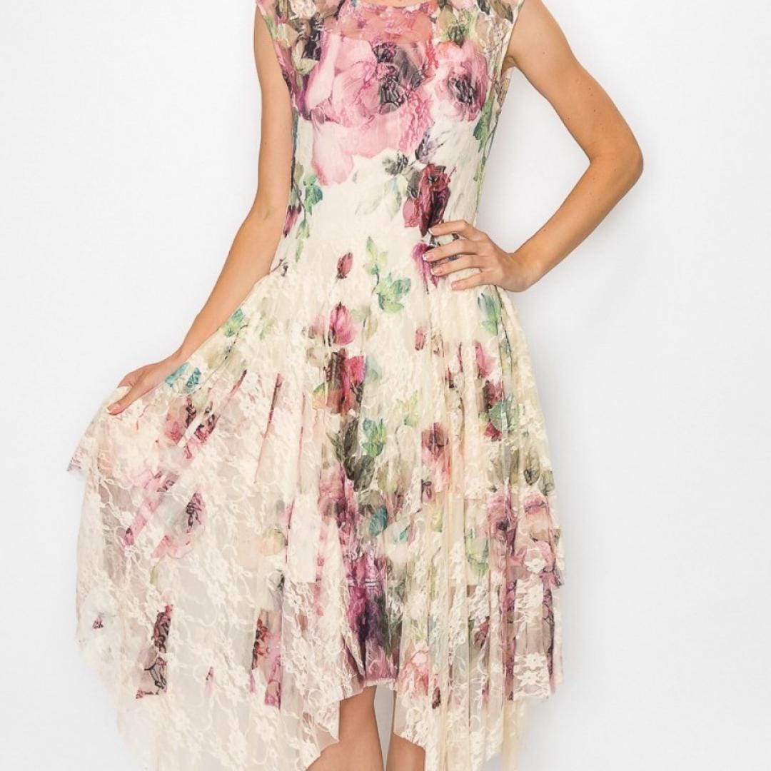 Boho-chic romantic dress styled for a garden party, capturing the ethereal cottagecore aesthetic in natural light.