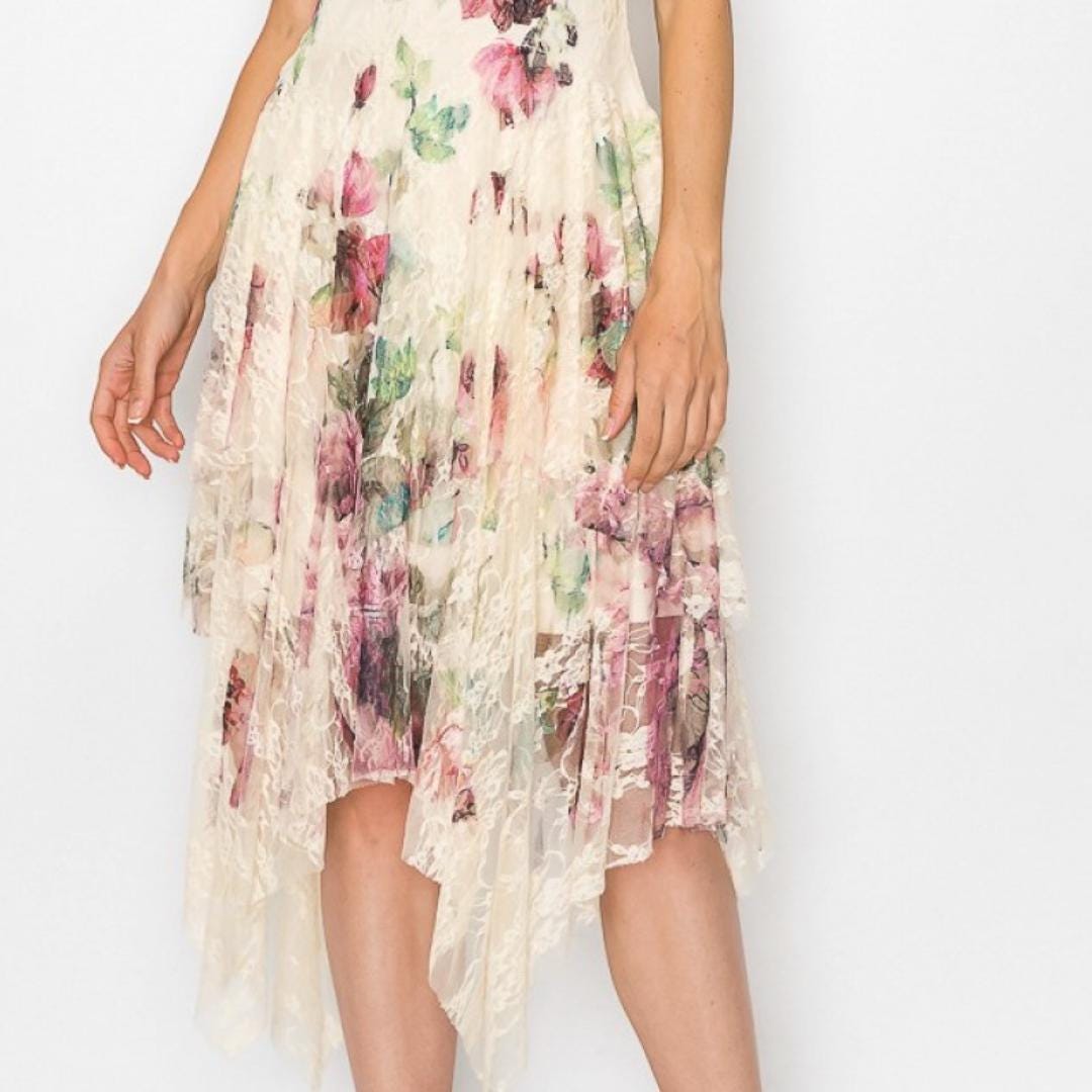 Vintage-inspired floral tapestry dress in dusty pink and cream, perfect as a romantic bridal guest outfit.
