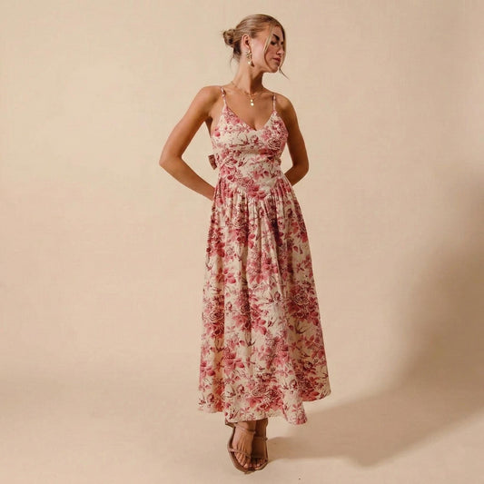 Florales Maxikleid Baumwolle Korsett Schnürung am Rücken Baskenrock