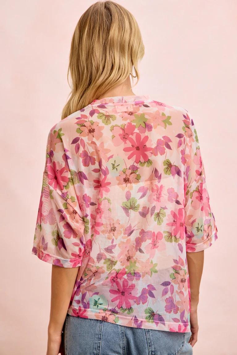 Floral Mesh T-Shirt Boxy Sheer Botanical Print Tee