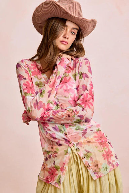 Pink floral mesh V-neck blouse with ruched button front and pointed hem in a slim fit fairycore style.