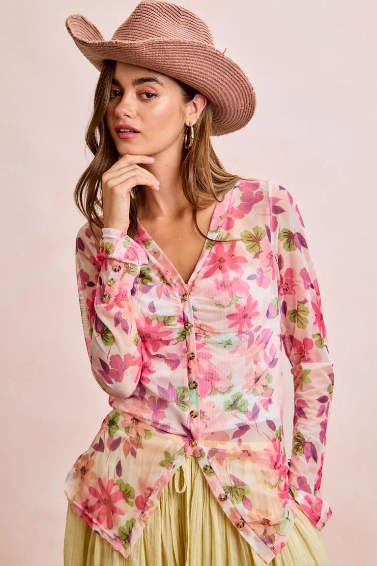 Fairycore pink floral mesh V-neck top with ruched button-down front, long sleeves, and a sharp pointed hemline.