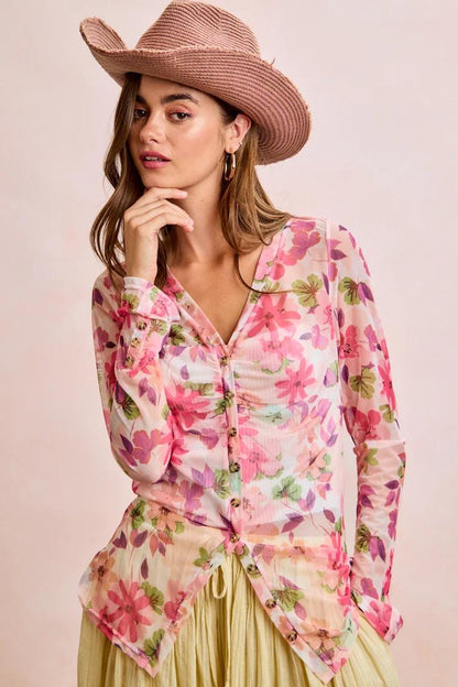 Fairycore pink floral mesh V-neck top with ruched button-down front, long sleeves, and a sharp pointed hemline.