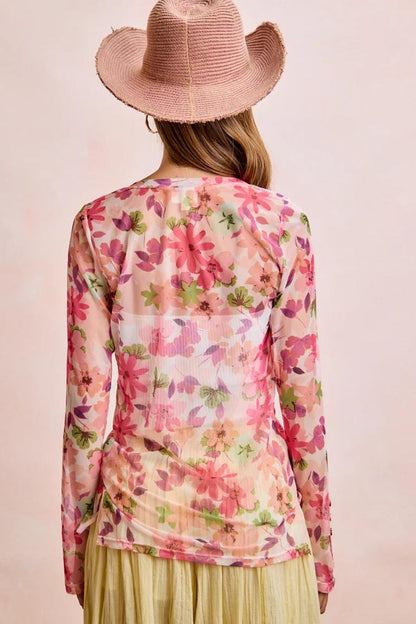 Close-up of the delicate lavender and green watercolor floral pattern on the sheer mesh blouse fabric
