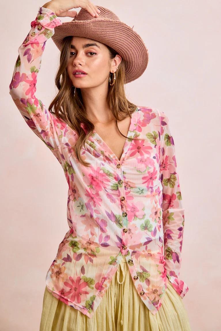 Model wearing the Whimsigoth style v-neck blouse paired with Y2K fashion accessories for a soft girl aesthetic
