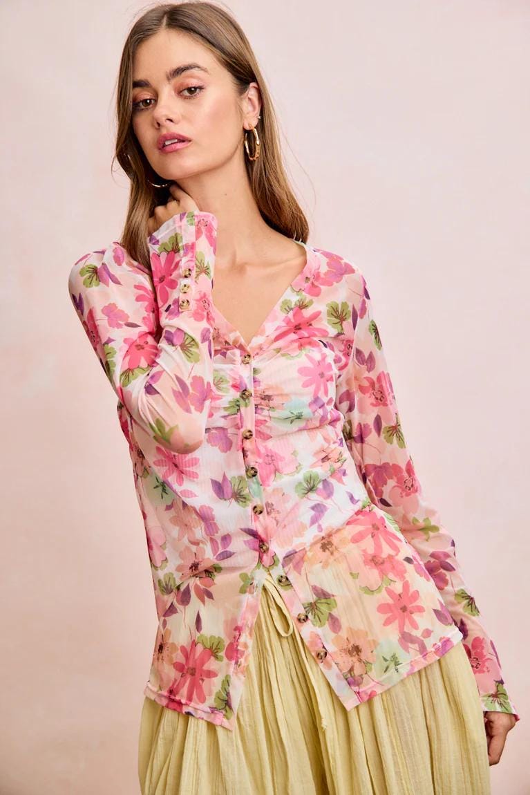 Boho-chic outfit featuring the sheer watercolor floral blouse styled for a romantic cottagecore look