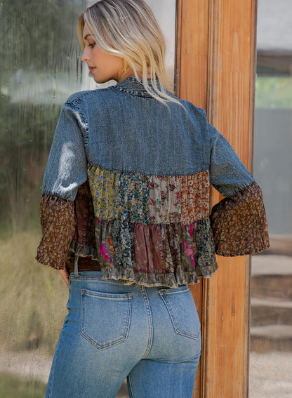 Detailed shot of the classic lapel collar and cotton-rayon floral patchwork on a light boho layer