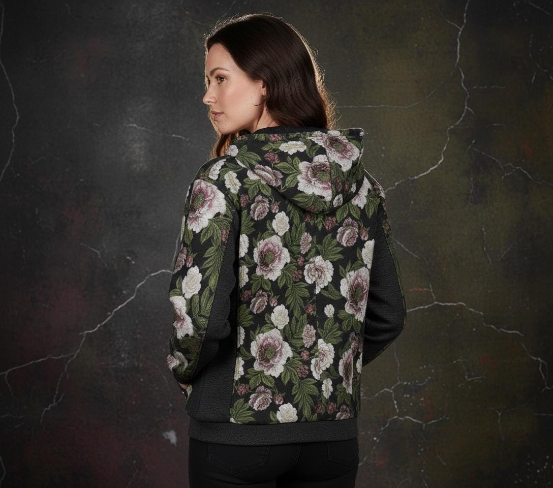 Dark romantic botanical jacquard jacket featuring silver and green metallic threads and black contrast panels