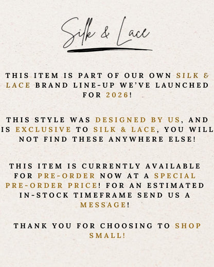 Silk & Lace 2026 brand announcement graphic for exclusive pre-order Floral Wide Leg Pants in a 100% linen tall fit.