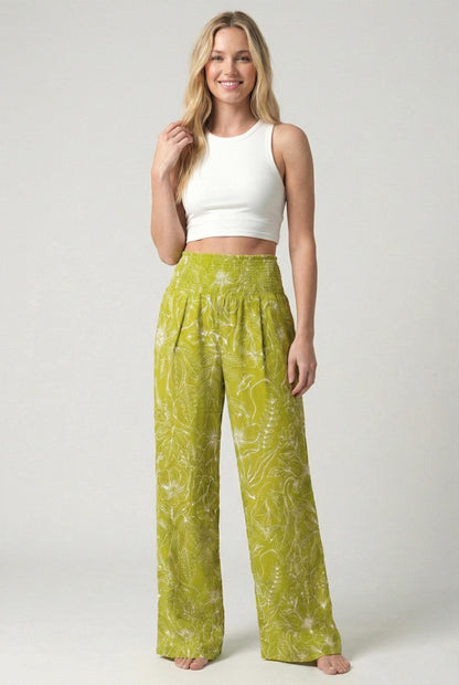 Floral Wide Leg Pants 100% Linen Smocked Tall Fit