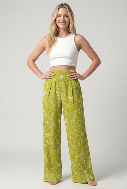 Floral Wide Leg Pants 100% Linen Smocked Tall Fit
