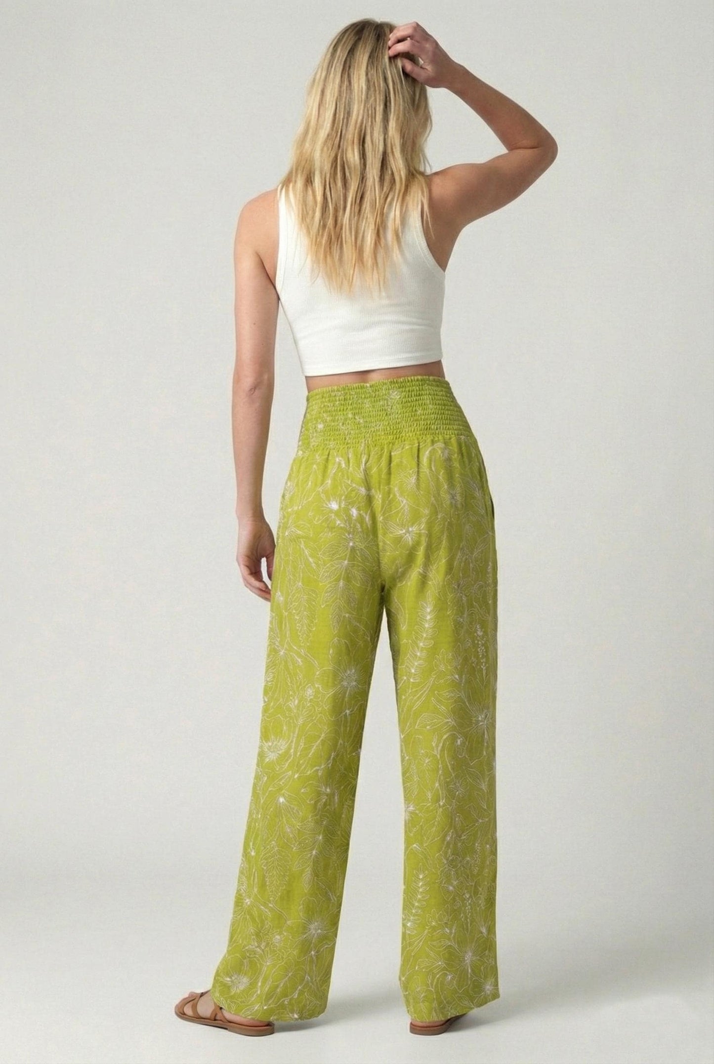 Floral Wide Leg Pants 100% Linen Smocked Tall Fit