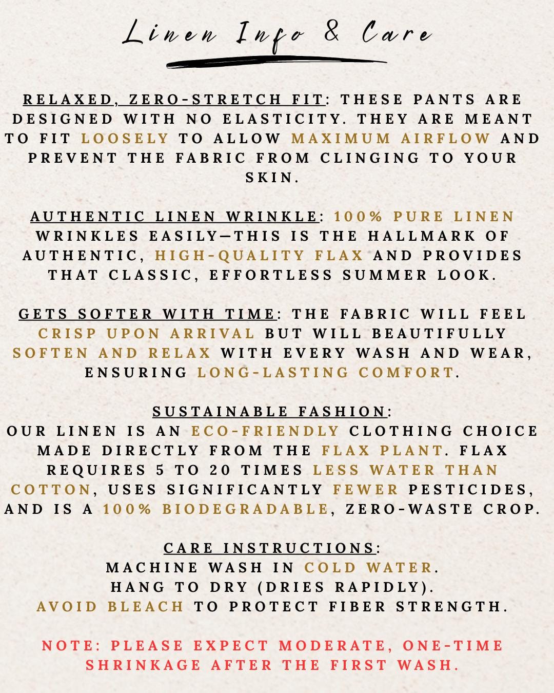 Cream-colored graphic detailing 100% linen care, relaxed fit, and washing instructions for floral wide leg pants.