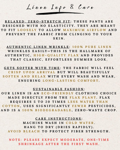 Cream-colored graphic detailing 100% linen care, relaxed fit, and washing instructions for floral wide leg pants.